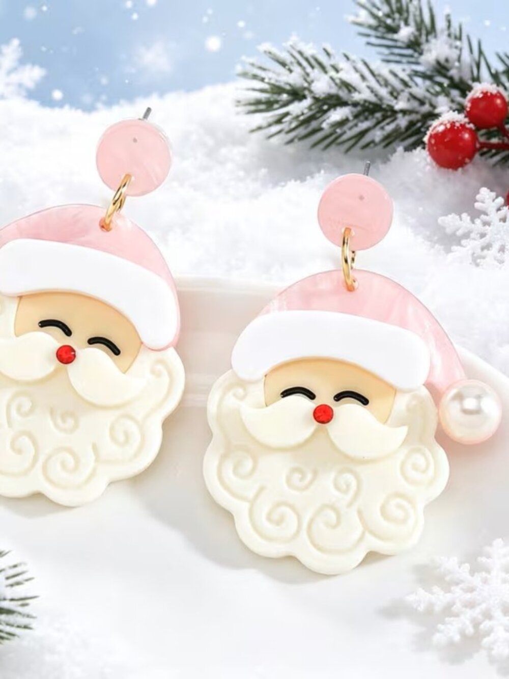 Adorable Santa Claus Acrylic Drop Earrings Imitation Pearl Santa Hat Z385